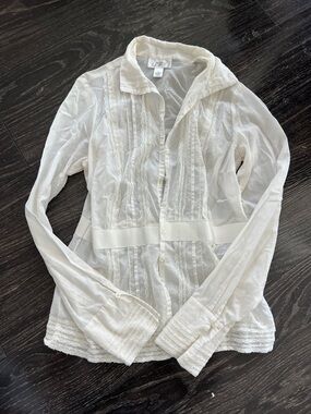 LOFT White Lace-Trim Button-Front Blouse